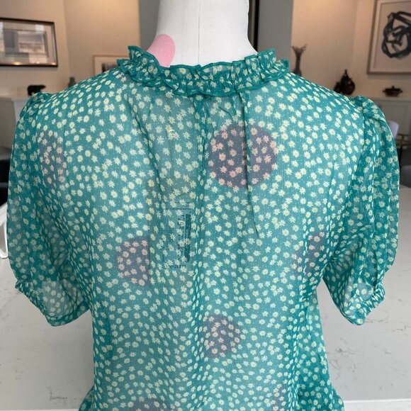Cream CRKinia SS Puff Floral Button Down Blouse w Front Frill Green & Yel Sz 36 - Picture 7 of 13